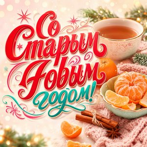 Открытка на Старый Новый год с чашкой чая и мандаринами