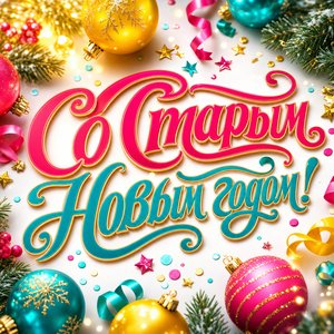 Открытка на Старый Новый год с яркими ёлочными шарами