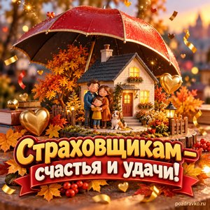 Открытка «Страховщикам — счастья и удачи!» с большим зонтом и уютным домиком с золотыми искрами и конфетти
