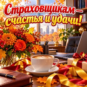 Открытка «Страховщикам — счастья и удачи!» с осенним офисом и чашкой кофе с нарядными праздничными лентами