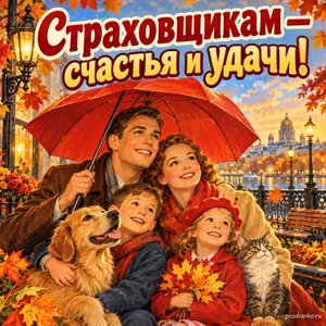 Открытка «Страховщикам — счастья и удачи!» с семьёй под ярким зонтом в сиянии уютных фонариков