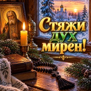 Открытка «Стяжи дух мирен!» со свечой и чётками