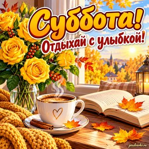 Открытка «Суббота! Отдыхай с улыбкой!» с кофе и жёлтыми розами