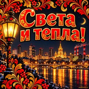 Открытка «Света и тепла!» с ночным городом