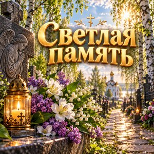 Открытка «Светлая память» со свечой и берёзами