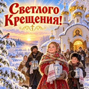 Открытка «Светлого Крещения!» с людьми и святой водой