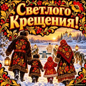 Открытка «Светлого Крещения!» с семьёй у проруби