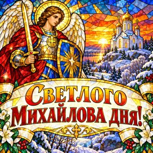 Открытка «Светлого Михайлова дня!» с белым храмом на закате