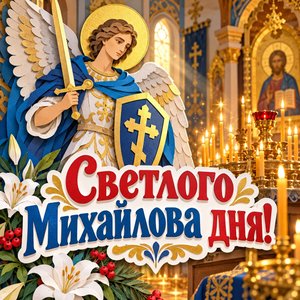 Открытка «Светлого Михайлова дня!» со свечами в храме