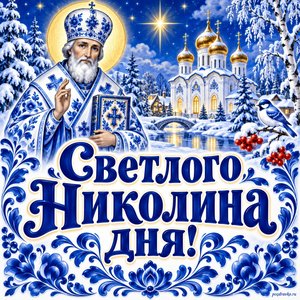 Открытка «Светлого Николина дня!» с храмом в декабре