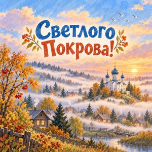 Открытка «Светлого Покрова!» с белой пеленой над деревней