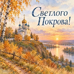 Открытка «Светлого Покрова!» с храмом над рекой на закате