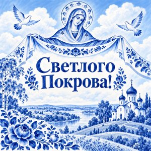 Открытка «Светлого Покрова!» с храмом под облаками