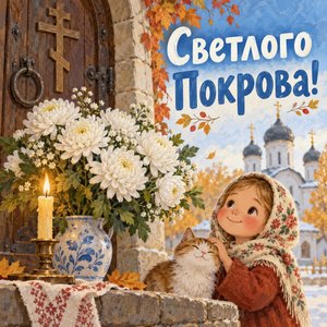 Открытка «Светлого Покрова!» с хризантемами у двери храма