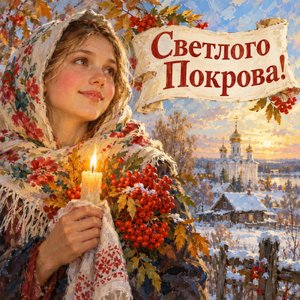 Открытка «Светлого Покрова!» с рябиной и свечой в руках