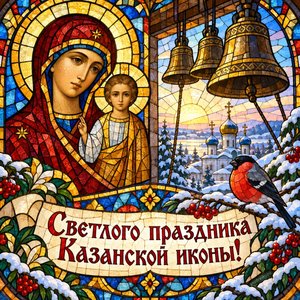 Открытка «Светлого праздника Казанской иконы!» с колоколами и снегирём