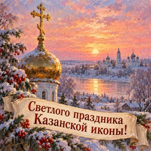 Открытка «Светлого праздника Казанской иконы!» с крестом на закате