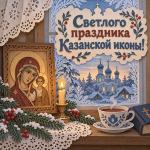 Открытка «Светлого праздника Казанской иконы!» с морозным окном