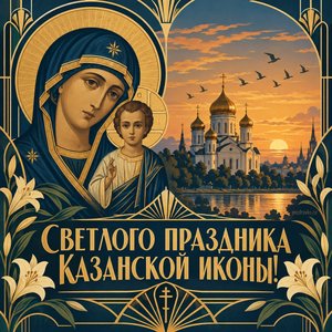 Открытка «Светлого праздника Казанской иконы!» с птицами над собором
