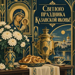 Открытка «Светлого праздника Казанской иконы!» с самоваром и хризантемами