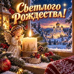 Открытка «Светлого Рождества!» с ангелом и свечой