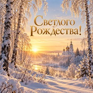 Открытка «Светлого Рождества!» с берёзовым лесом и храмом на рассвете