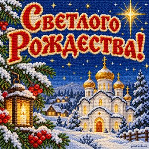 Открытка «Светлого Рождества!» с храмом в рождественскую ночь