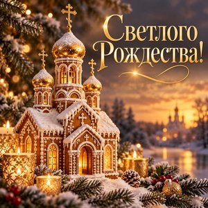 Открытка «Светлого Рождества!» с пряничным храмом
