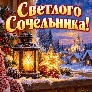 Открытка «Светлого Сочельника!» с фонарём и звездой