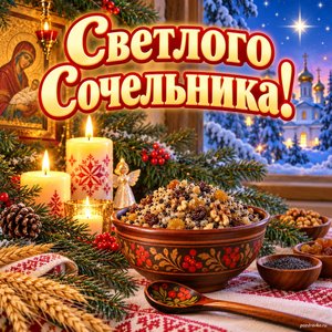 Открытка «Светлого Сочельника!» с кутьёй и свечами