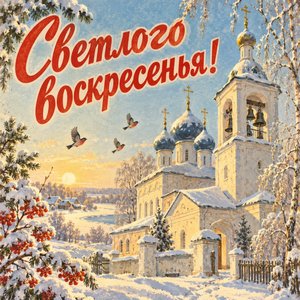 Открытка «Светлого воскресенья!» с храмом и колоколами