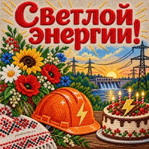 Открытка «Светлой энергии!» с каской и тортом