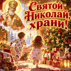 Открытка «Святой Николай, храни!» с детьми у ёлки