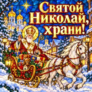 Открытка «Святой Николай, храни!» с санями и подарками