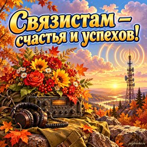 Открытка «Связистам — счастья и успехов!» с букетом и символом радиоволн на фоне мягких осенних облаков