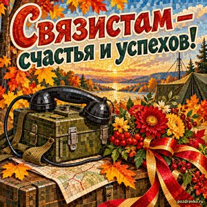 Открытка «Связистам — счастья и успехов!» с полевым телефоном и цветами с нарядными праздничными лентами