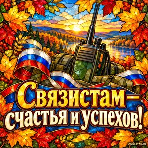 Открытка «Связистам — счастья и успехов!» с рацией и праздничными лентами в рамке из кленовых листьев