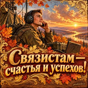 Открытка «Связистам — счастья и успехов!» с военным связистом и гарнитурой на фоне мягких осенних облаков