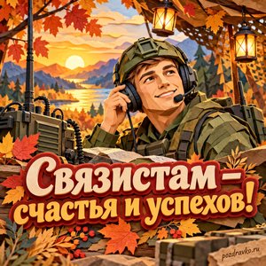 Открытка «Связистам — счастья и успехов!» с военным связистом и гарнитурой в сиянии уютных фонариков