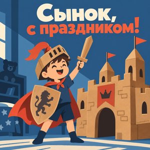 Открытка «Сынок, с праздником!» с мальчиком-рыцарем