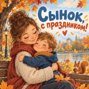 Открытка «Сынок, с праздником!» с объятиями мамы и сына