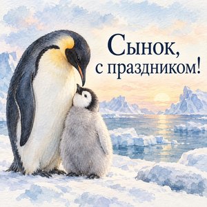 Открытка «Сынок, с праздником!» с пингвином и птенцом