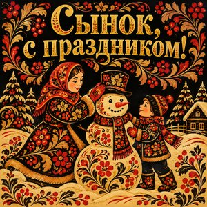Открытка «Сынок, с праздником!» со снеговиком