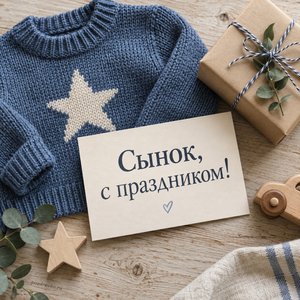 Открытка «Сынок, с праздником!» со свитером и подарком
