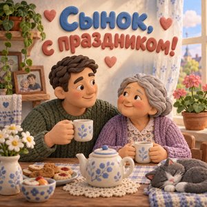 Открытка «Сынок, с праздником!» со взрослым сыном и мамой
