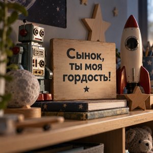Открытка «Сынок, ты моя гордость!» с роботом и ракетой