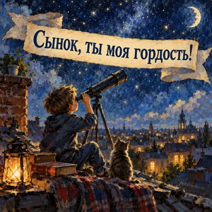 Открытка «Сынок, ты моя гордость!» с телескопом на крыше