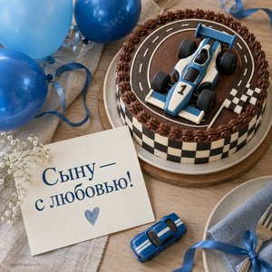 Открытка «Сыну — с любовью!» с тортом-машинкой