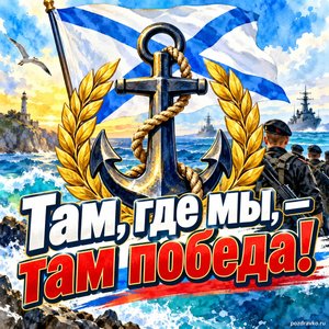 Открытка «Там, где мы, — там победа!» с якорем и Андреевским флагом