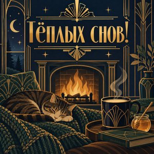Открытка «Тёплых снов!» с молоком и камином